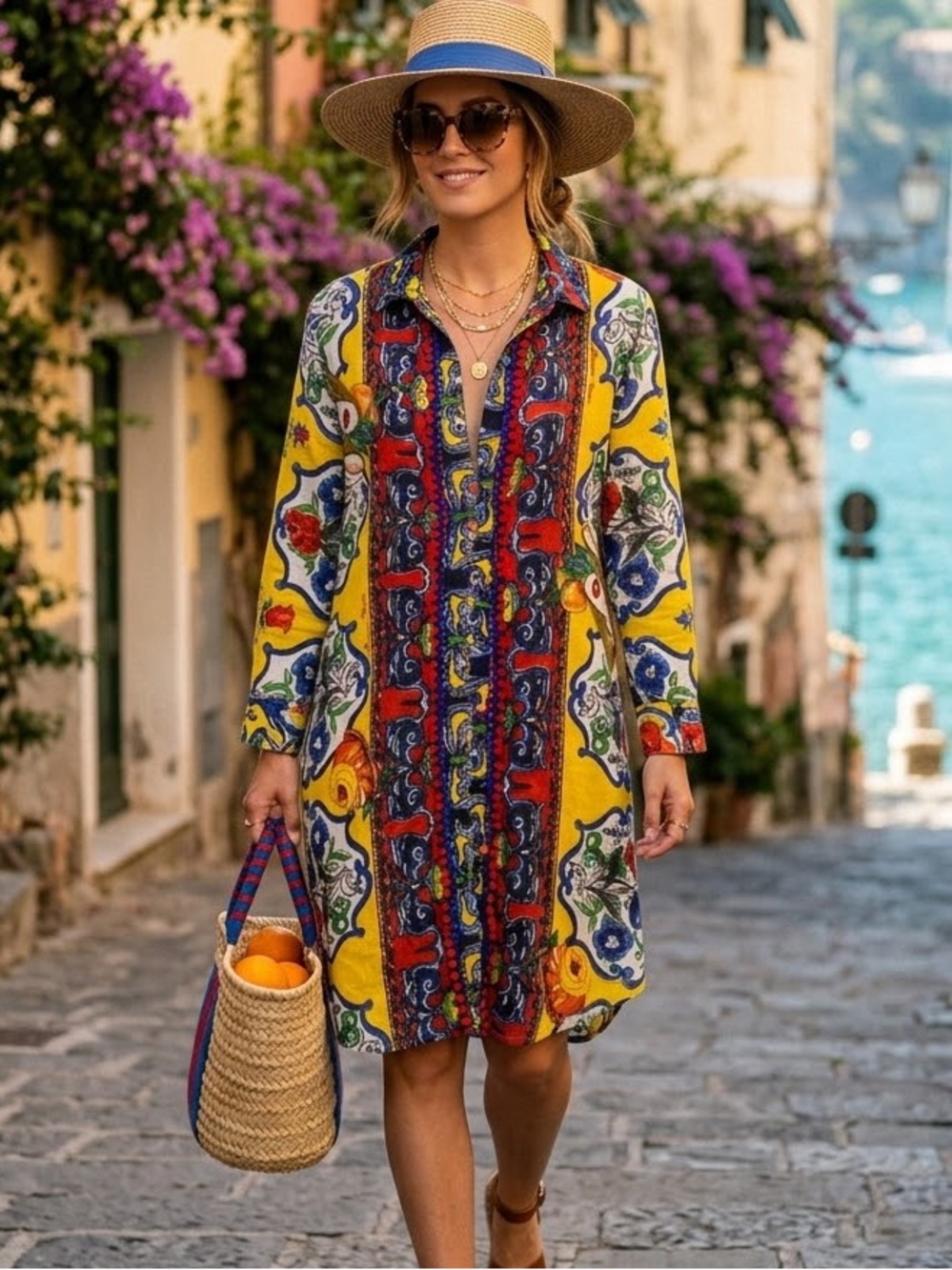 Antica Sartoria Majolica Tile Print Pom Pom Shirt Dress Cover Up S Euro summer